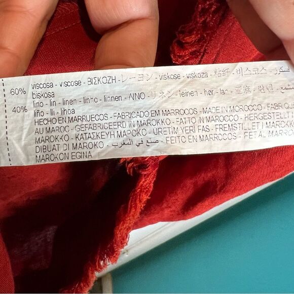 This is a Zara Red Linen Long Duster Coat with Pockets burnt orange oversized - Picture 4 of 9